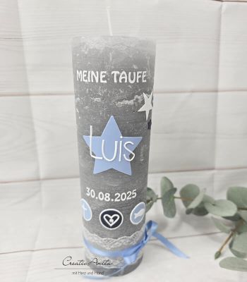 Taufkerze Rustik- Sterne grau-hellblau-weiß