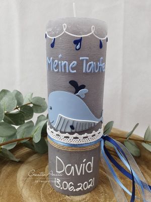 Preview: Taufkerze Rustikkerze Wal -personalisiert-