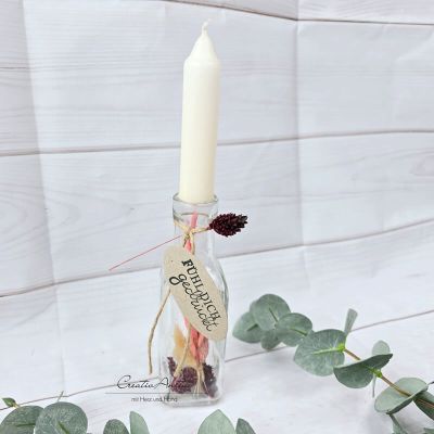 Kerzenständer - Glasflasche befüllt mit Trockenblumen