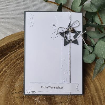 Weihnachtskarte - Grußkarte zu Weihnachten mit Sterne & Weihnachtsglöckchen in Weiß-Grau-Silber