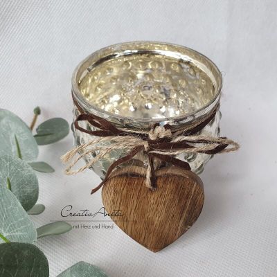Preview: Windlicht aus Glas mit Holz Herz Anhänger silber