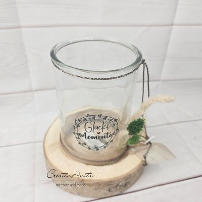 Preview: Windlicht Kerzenhalter Tischdekoration Kerzenglas -Glücksmomente- mit Holzscheibe - dekoriert