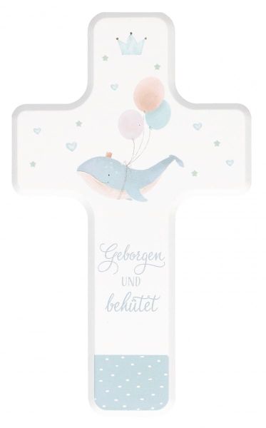 Kinderholzkreuz zur Taufe blau - Geborgen und behütet