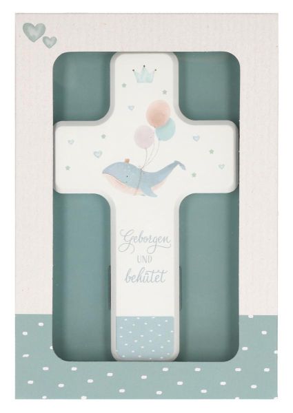 Kinderholzkreuz zur Taufe blau - Geborgen und behütet