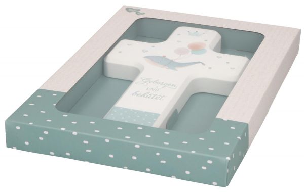 Kinderholzkreuz zur Taufe blau - Geborgen und behütet