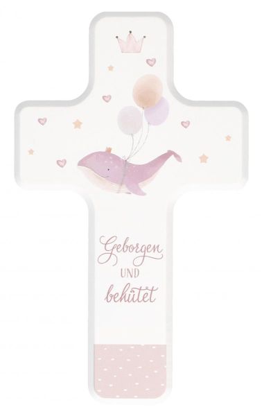 Kinderholzkreuz zur Taufe rosa - Geborgen und behütet