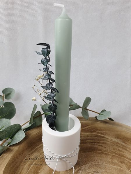 Handgemachter Kerzenhalter 2in1 - Stabkerzen- und Teelichthalter mit Kerze - dekoriert weiß-mint