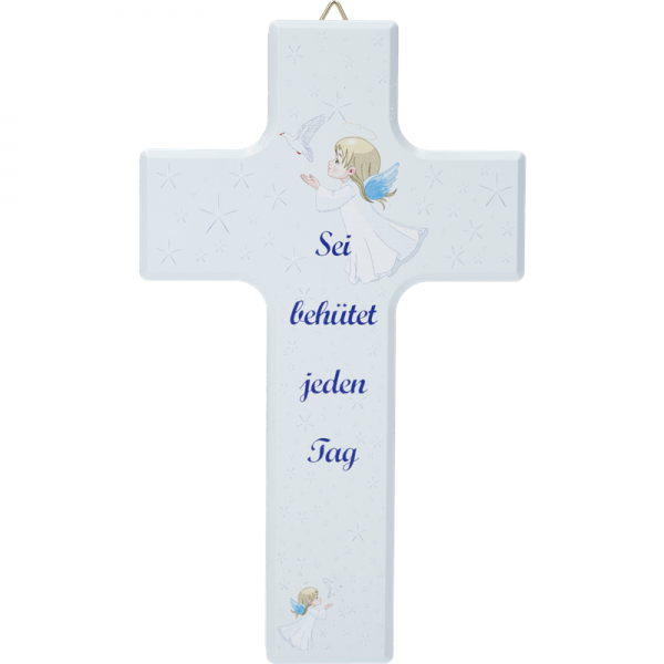 Kinderkreuz aus Holz zur Taufe "Sei behütet..." in Blau