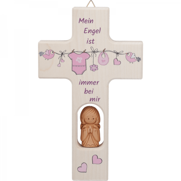 Kinderkreuz mit Tonengel - Geschenk zur Taufe - Rosa - "Mein Engel..."