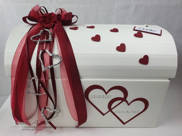 Briefbox - Geschenktruhe Open Hearts zur Hochzeit - Bordeaux mit Silberherzen