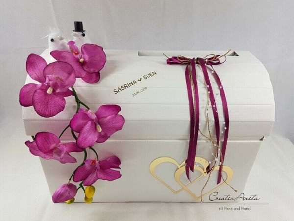 Briefbox mit edler Orchidee zur Hochzeit - Beere-Gold