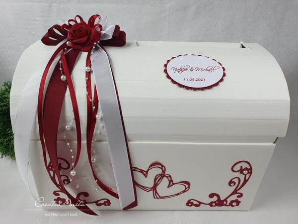 Briefbox - Geschenktruhe mit Rose zur Hochzeit - Bordeaux