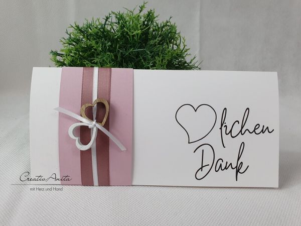 Danksagungskarte mit Holzherzen - Altrosa-Weiß