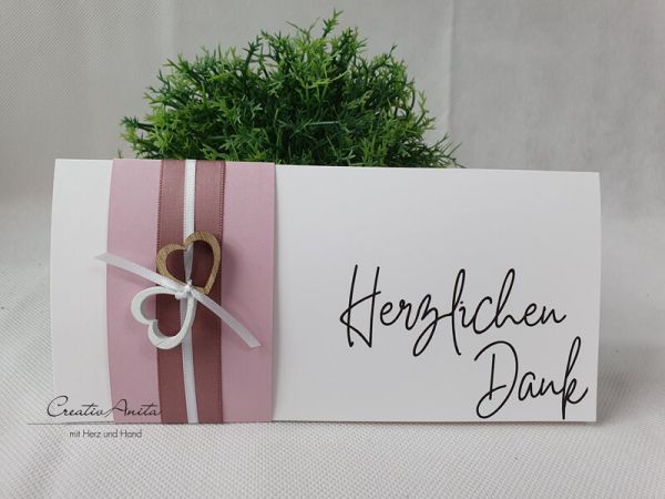 Danksagungskarte mit Holzherzen - Altrosa-Weiß