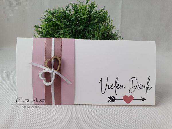 Danksagungskarte mit Holzherzen - Altrosa-Weiß