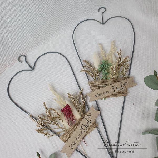 Metallherz mit Trockenblumen dekoriert, Geburtstagsgeschenk GRÜN