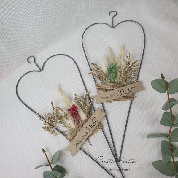 Metallherz mit Trockenblumen dekoriert, Geburtstagsgeschenk GRÜN