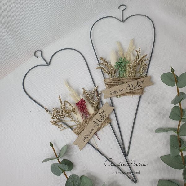 Metallherz mit Trockenblumen dekoriert, Geburtstagsgeschenk GRÜN