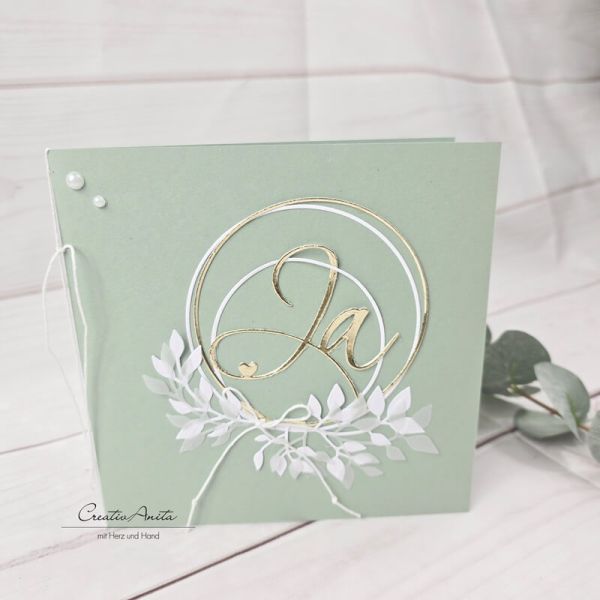 Einladungskarte Goldenes JA - eukalypthusfarben