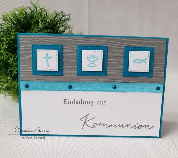 Einladungskarte zur Kommunion in Petrol-Blau - Christlich -Kreuz-Kelch-Fisch