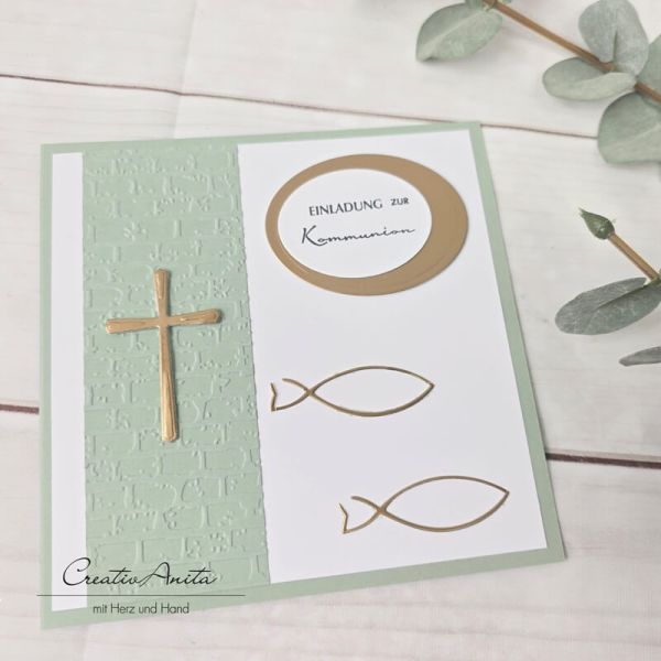 Einladungskarte zur Kommunion in Eukalypthus-Gold - Christlich