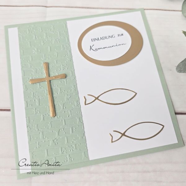 Einladungskarte zur Kommunion in Eukalypthus-Gold - Christlich