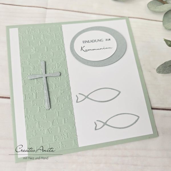 Einladungskarte zur Kommunion in Eukalypthus-Silber - Christlich
