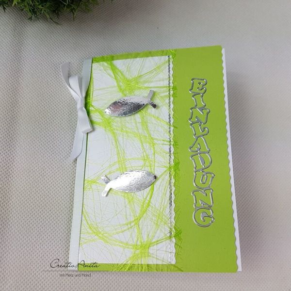 Einladungskarte Sizoweb mit Fischen zur Kommunion, Konfirmation -MAIGRÜN-