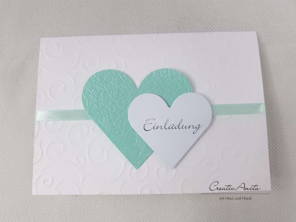 Einladungskarte Swirl quer - Mint - handgeprägt