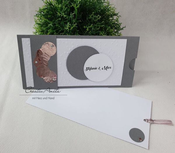 Einladungskarte Schiebekarte in Grau-Weiß mit Roségold