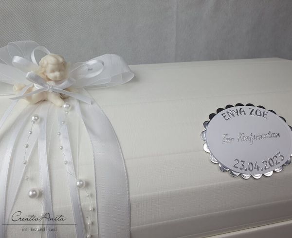 Erinnerungstruhe mit Buchsfisch zur Kommunion - SILBER