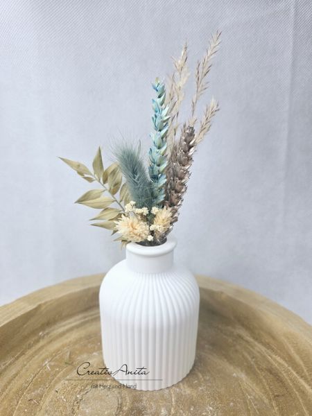 Geriffelte Vase inkl. Trockenblumen bauchig -Mint-
