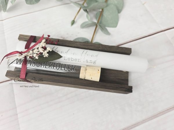 Kerze mit Reagenzglas Wunscherfüller -Hand in Hand ein leben lang- Dekoriert - Hochzeitsgeschenk