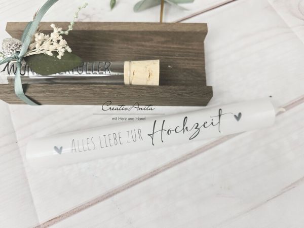 Kerze mit Reagenzglas Wunscherfüller -Alles liebe zur Hochzeit- Dekoriert - Hochzeitsgeschenk