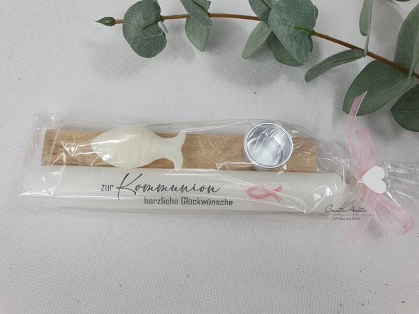 Geschenk zur Kommunion - Stabkerze mit Kerzenhalter und Seifenfisch - ROSA