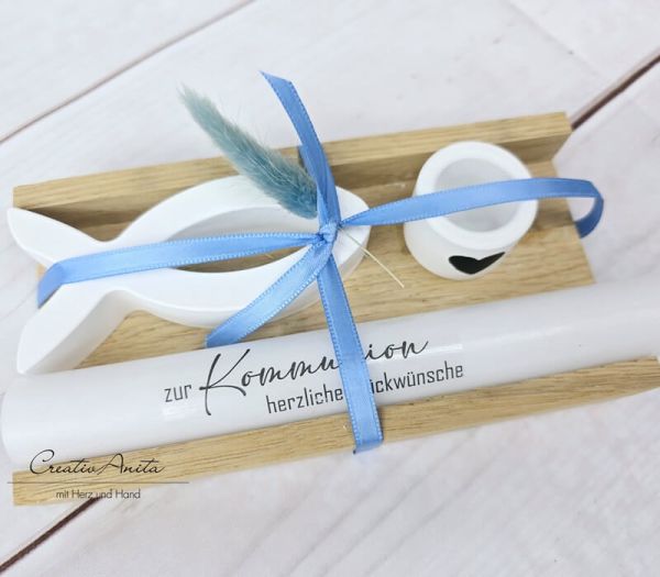 Geschenkset Anlaß zur Auswahl mit Kreuz & Fisch aus Beton - BLAU