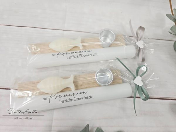 Geschenk zur Kommunion, Konfirmation - Stabkerze mit Kerzenhalter und Seifenfisch - EUKALYPTHUS