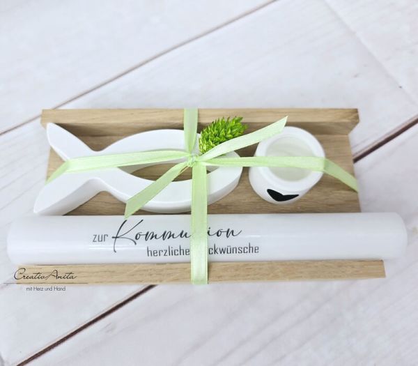Geschenkset Anlaß zur Auswahl mit Kreuz & Fisch aus Beton - GRÜN
