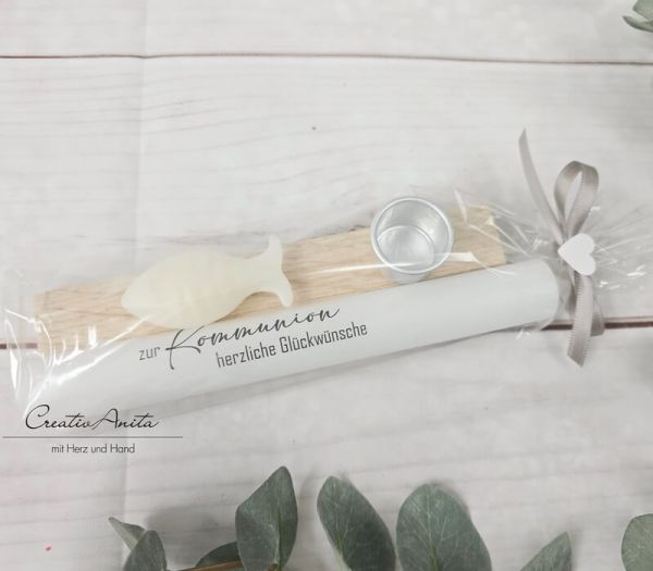 Geschenk zur Kommunion, Konfirmation - Stabkerze mit Kerzenhalter und Seifenfisch - TAUPE