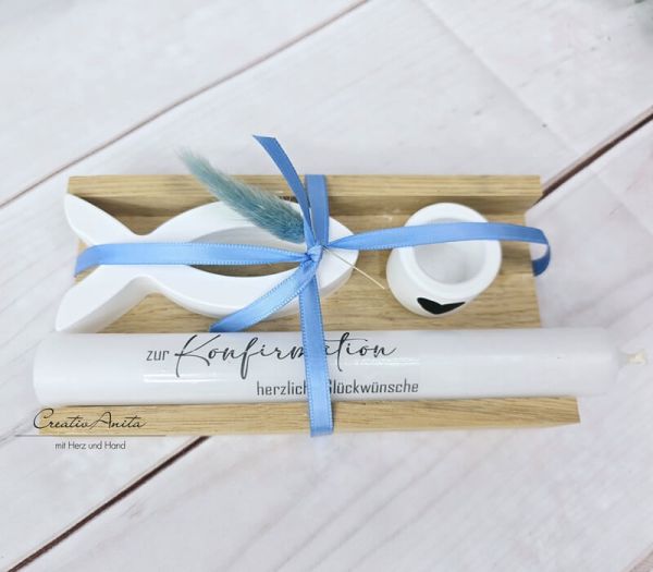 Geschenkset Anlaß zur Auswahl mit Kreuz & Fisch aus Beton - BLAU