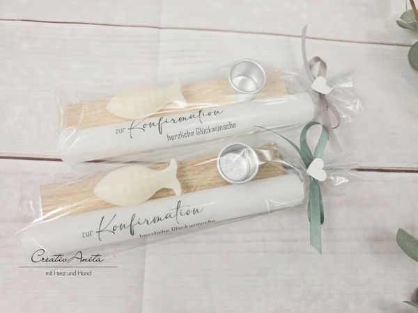 Geschenk zur Kommunion, Konfirmation - Stabkerze mit Kerzenhalter und Seifenfisch - EUKALYPTHUS