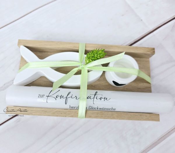 Geschenkset Anlaß zur Auswahl mit Kreuz & Fisch aus Beton - GRÜN