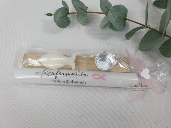 Geschenk zur Konfirmation - Stabkerze mit Kerzenhalter und Seifenfisch - ROSA