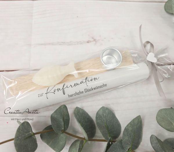 Geschenk zur Kommunion, Konfirmation - Stabkerze mit Kerzenhalter und Seifenfisch - TAUPE