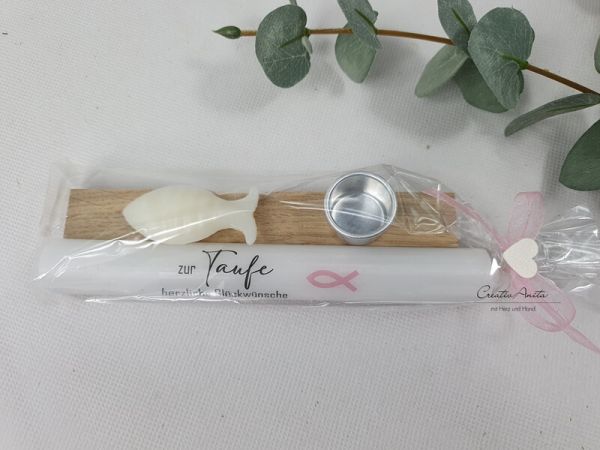 Geschenk zur Taufe - Stabkerze mit Kerzenhalter und Seifenfisch - ROSA