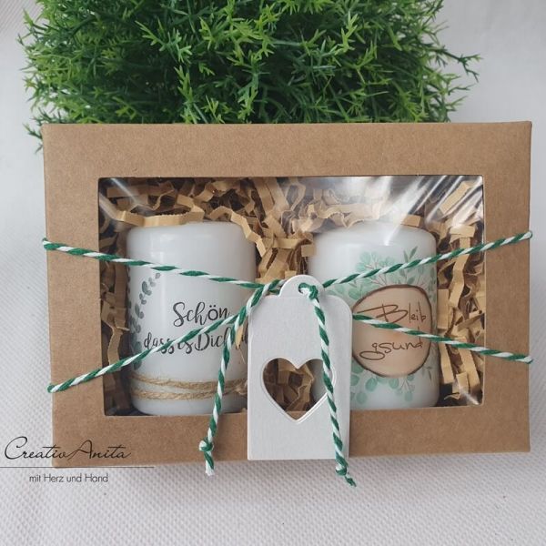 Geschenkbox mit handverziertem Kerzenset - Geschenk für Nachbarn - Freunde "Bleib gsund & Schön, dass es Dich gibt"
