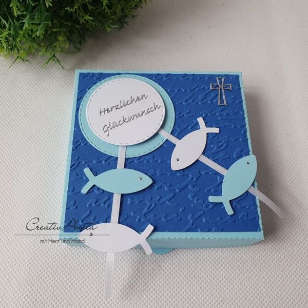 Geschenkverpackung Pizzabox Blau - Fische