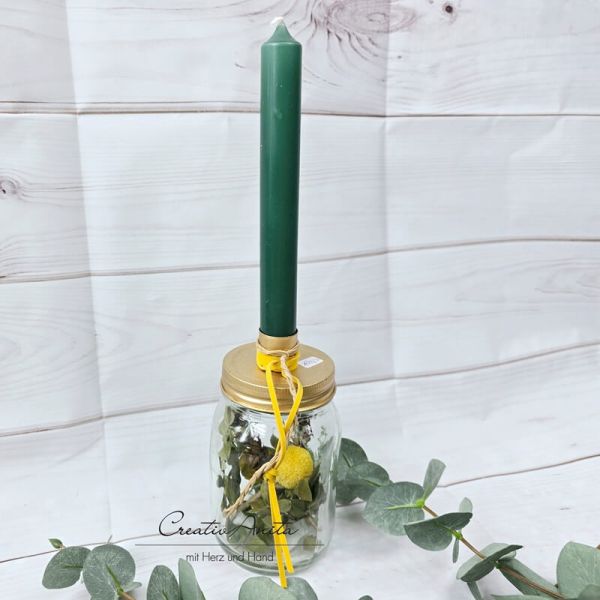 Kerzenständer - Glasflasche befüllt mit Trockenblumen Gold-Grün-Gelb