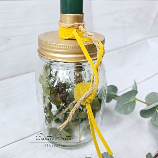 Kerzenständer - Glasflasche befüllt mit Trockenblumen Gold-Grün-Gelb