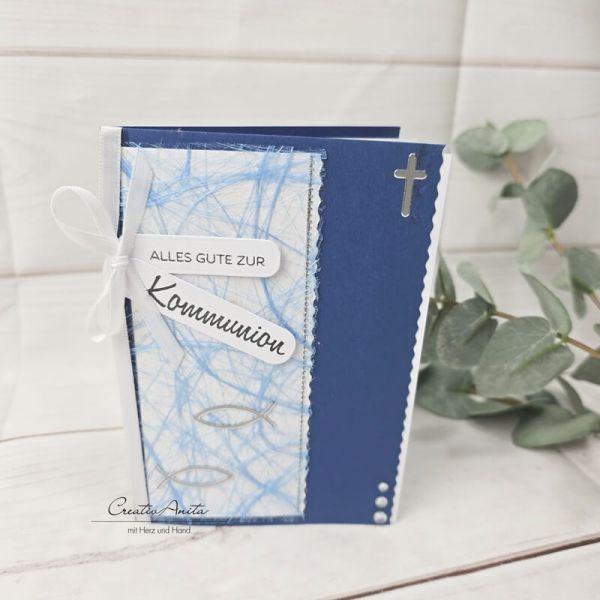 Glückwunschkarte zur Kommunion blau mit Sizo und Fische